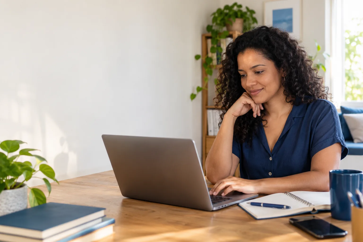 Mulher analisando suas finanças em um laptop em casa